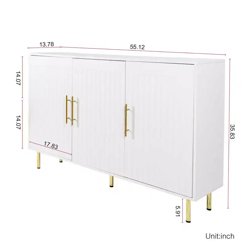 Grand meuble de rangement de 139,95 cm, Buffet avec 3 portes et poignées dorées, Meuble de rangement pour cuisine, salle à manger, salon, Blanc