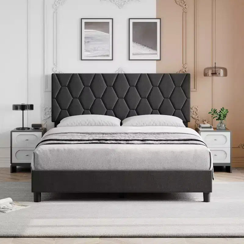 Cadre de lit double, Lit plateforme capitonné avec tête de lit et tissu doux, Sommier tapissier, Aucun sommier à ressorts requis, Montage facile
