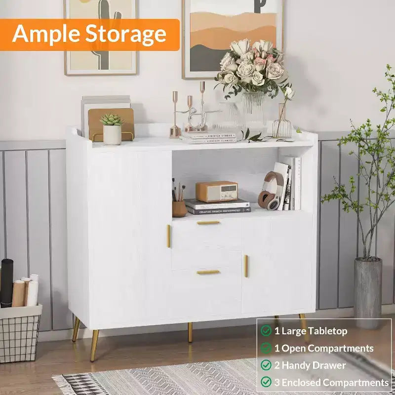 Meuble de rangement 40" avec buffet, 2 tiroirs et 2 portes, armoire de rangement de cuisine avec bar à café pour salle à manger, entrée