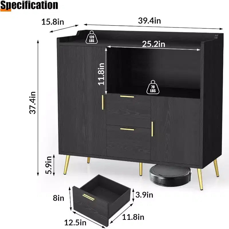 Meuble de rangement 40" avec buffet, 2 tiroirs et 2 portes, armoire de rangement de cuisine avec bar à café pour salle à manger, entrée