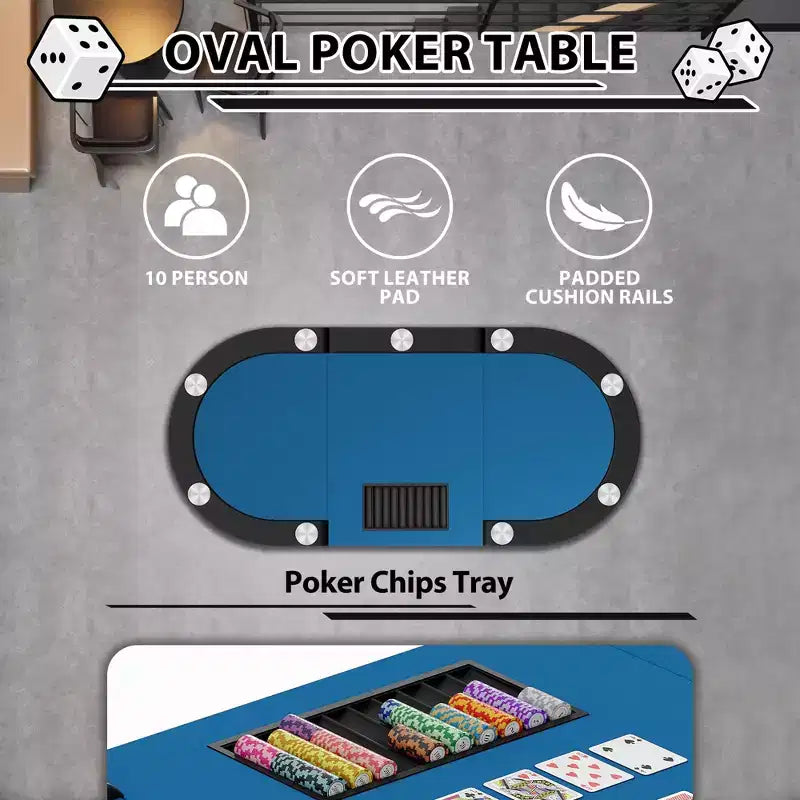 Table de poker ovale pour 10 personnes - Pieds métalliques pliables - 9 porte-gobelets en acier inoxydable - Bord rembourré imperméable