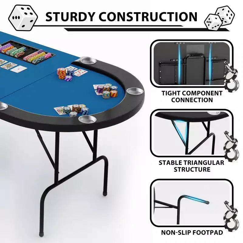 Table de poker ovale pour 10 personnes - Pieds métalliques pliables - 9 porte-gobelets en acier inoxydable - Bord rembourré imperméable