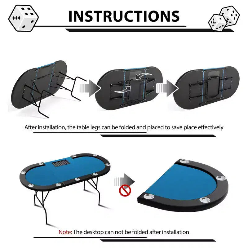 Table de poker ovale pour 10 personnes - Pieds métalliques pliables - 9 porte-gobelets en acier inoxydable - Bord rembourré imperméable