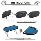 Table de poker ovale pour 10 personnes - Pieds métalliques pliables - 9 porte-gobelets en acier inoxydable - Bord rembourré imperméable