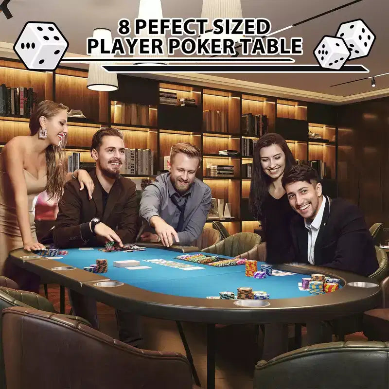 Table de poker ovale pour 10 personnes - Pieds métalliques pliables - 9 porte-gobelets en acier inoxydable - Bord rembourré imperméable