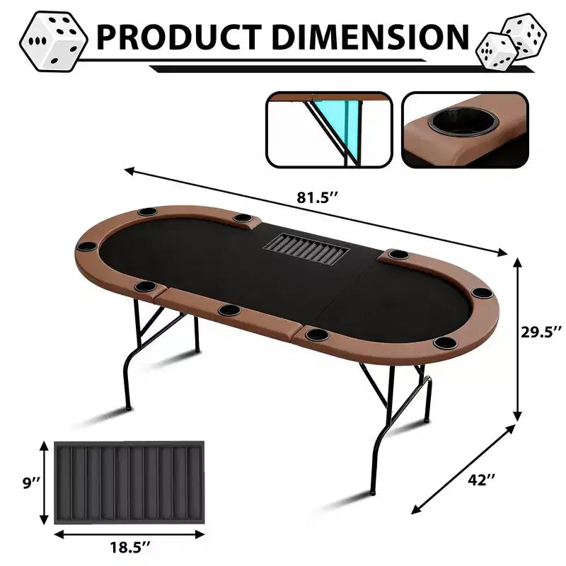 Table de poker ovale pour 10 personnes - Pieds métalliques pliables - 9 porte-gobelets en acier inoxydable - Bord rembourré imperméable