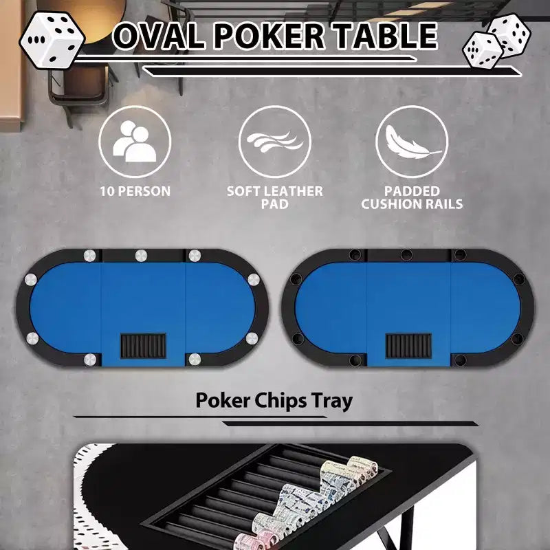 Table de poker ovale pour 10 personnes - Pieds métalliques pliables - 9 porte-gobelets en acier inoxydable - Bord rembourré imperméable