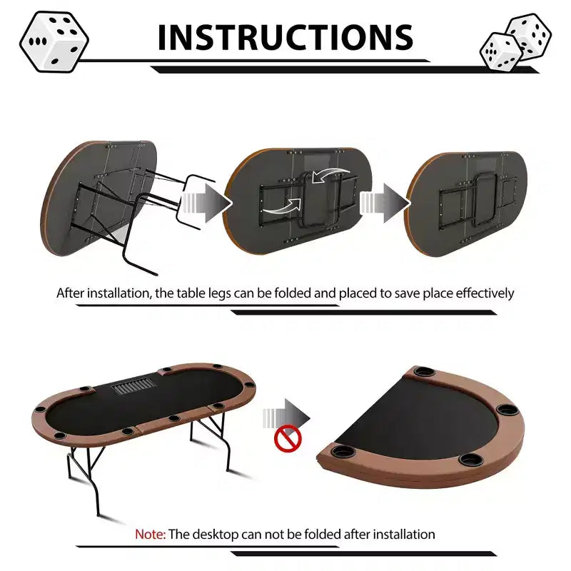 Table de poker ovale pour 10 personnes - Pieds métalliques pliables - 9 porte-gobelets en acier inoxydable - Bord rembourré imperméable