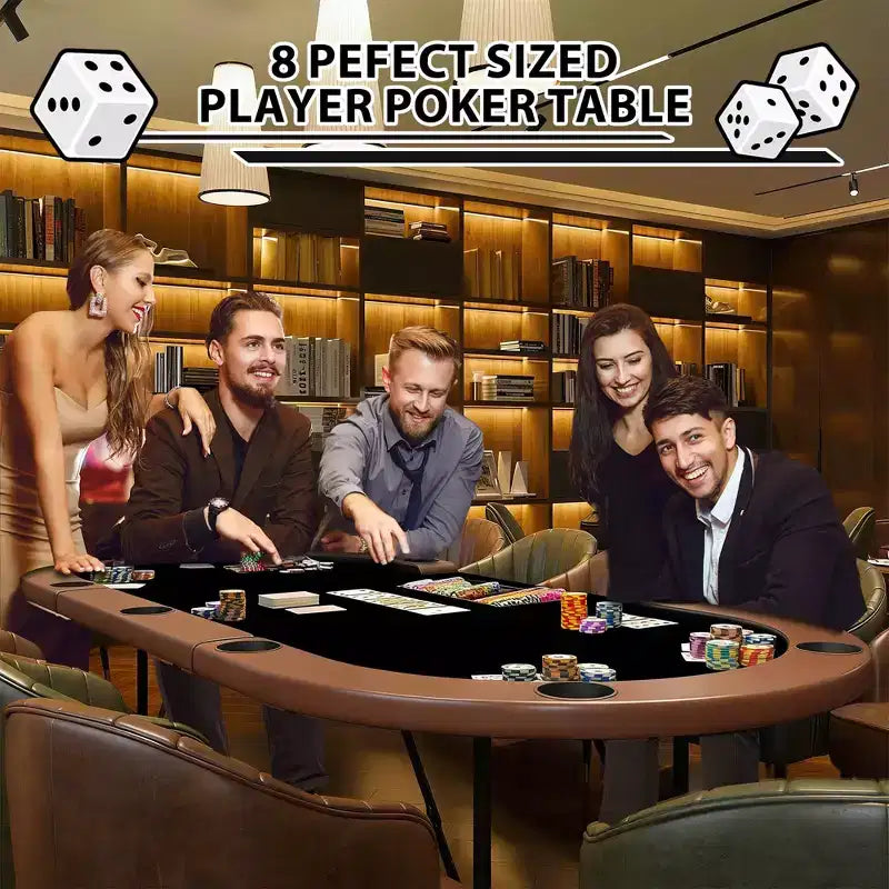 Table de poker ovale pour 10 personnes - Pieds métalliques pliables - 9 porte-gobelets en acier inoxydable - Bord rembourré imperméable