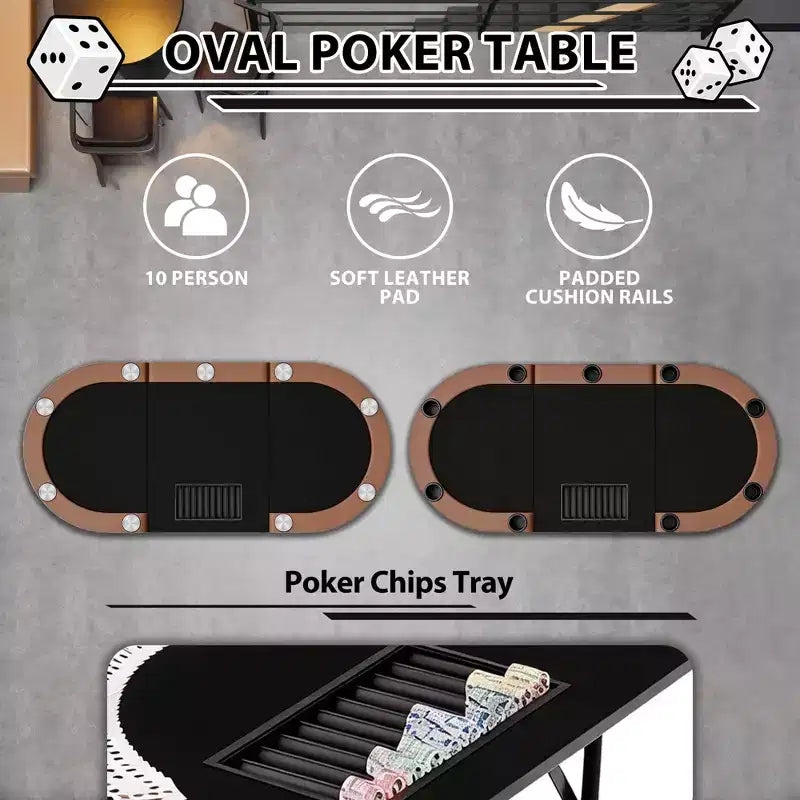 Table de poker ovale pour 10 personnes - Pieds métalliques pliables - 9 porte-gobelets en acier inoxydable - Bord rembourré imperméable