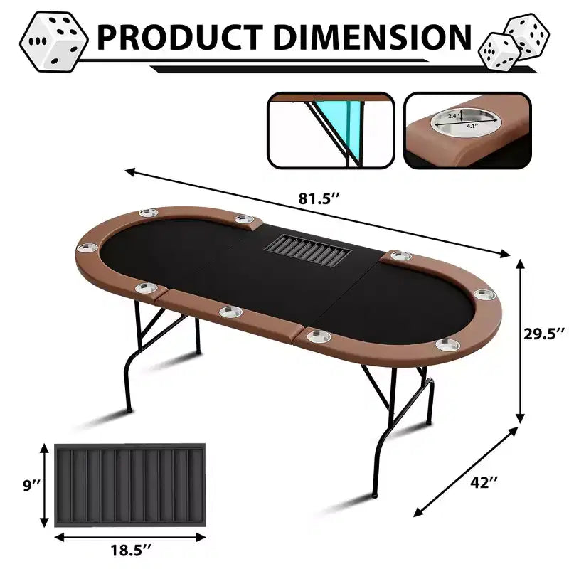 Table de poker ovale pour 10 personnes - Pieds métalliques pliables - 9 porte-gobelets en acier inoxydable - Bord rembourré imperméable