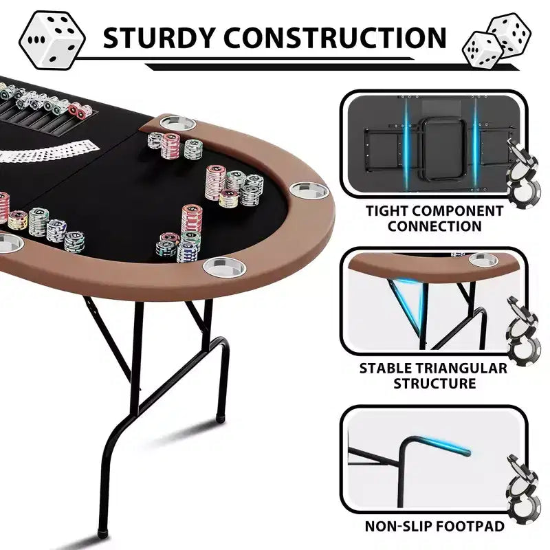 Table de poker ovale pour 10 personnes - Pieds métalliques pliables - 9 porte-gobelets en acier inoxydable - Bord rembourré imperméable