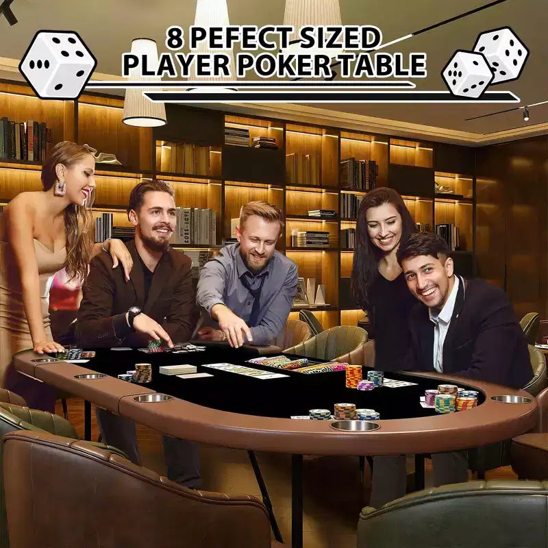Table de poker ovale pour 10 personnes - Pieds métalliques pliables - 9 porte-gobelets en acier inoxydable - Bord rembourré imperméable