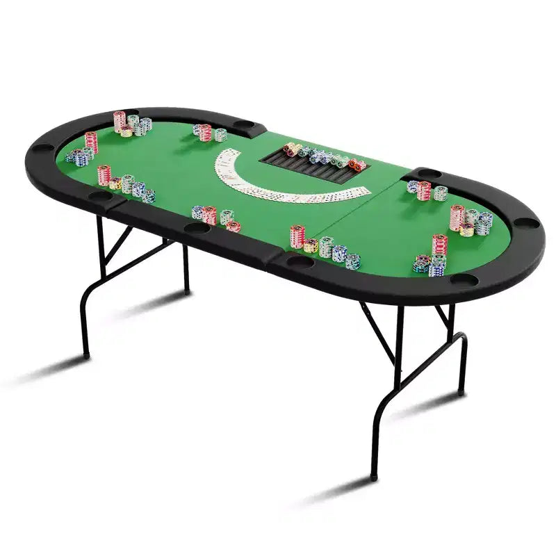 Table de poker ovale pour 10 personnes - Pieds métalliques pliables - 9 porte-gobelets en acier inoxydable - Bord rembourré imperméable