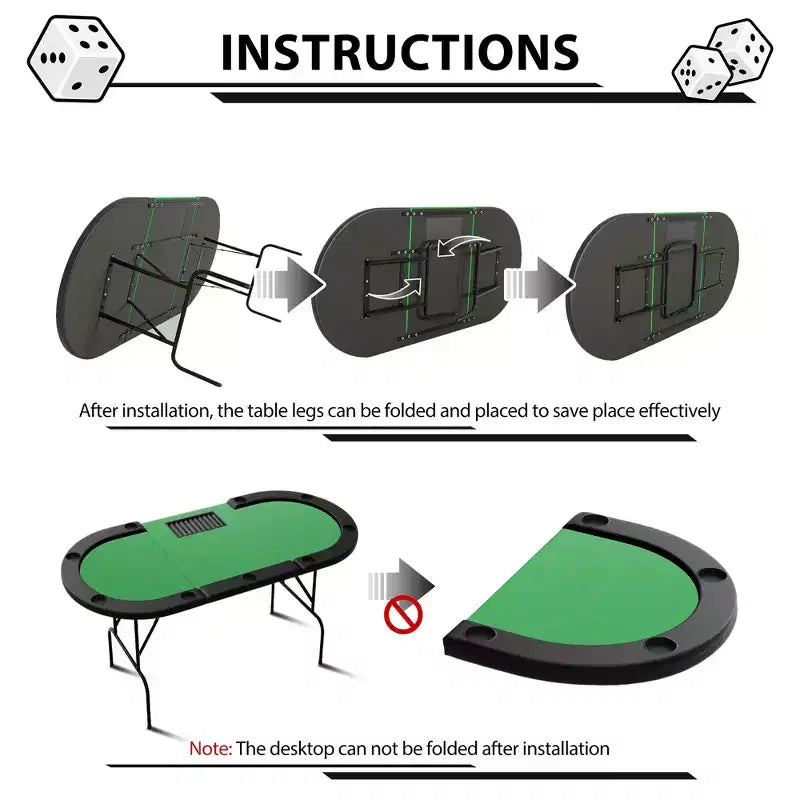 Table de poker ovale pour 10 personnes - Pieds métalliques pliables - 9 porte-gobelets en acier inoxydable - Bord rembourré imperméable