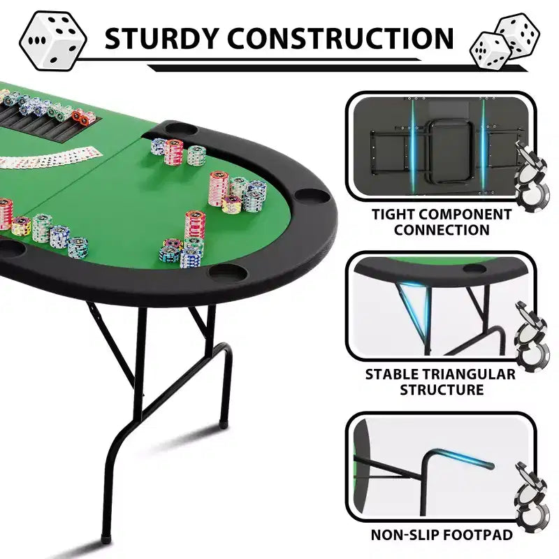 Table de poker ovale pour 10 personnes - Pieds métalliques pliables - 9 porte-gobelets en acier inoxydable - Bord rembourré imperméable