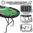 Table de poker ovale pour 10 personnes - Pieds métalliques pliables - 9 porte-gobelets en acier inoxydable - Bord rembourré imperméable