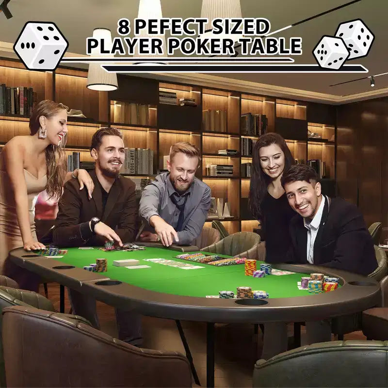 Table de poker ovale pour 10 personnes - Pieds métalliques pliables - 9 porte-gobelets en acier inoxydable - Bord rembourré imperméable