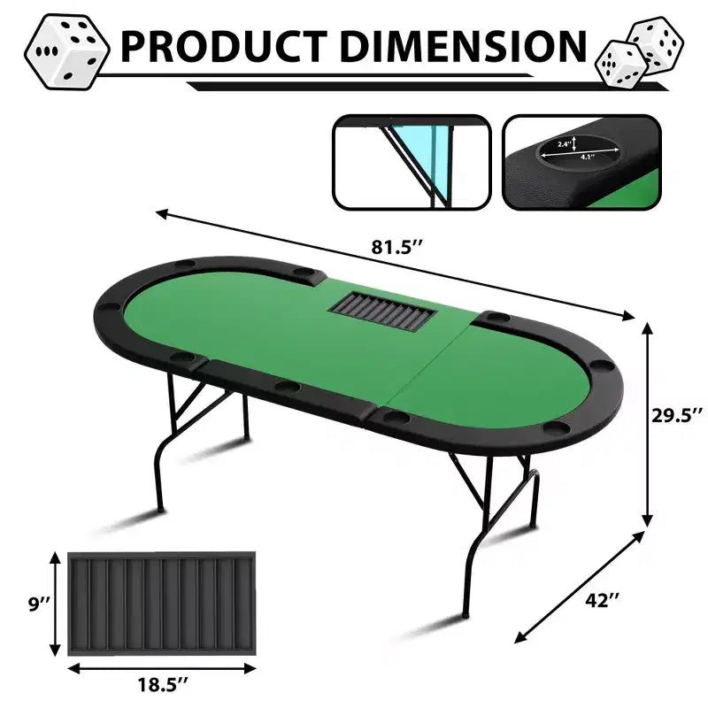 Table de poker ovale pour 10 personnes - Pieds métalliques pliables - 9 porte-gobelets en acier inoxydable - Bord rembourré imperméable