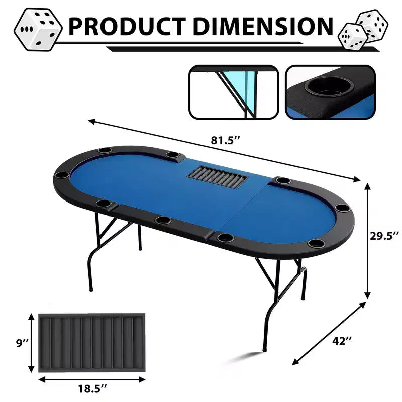 Table de poker ovale pour 10 personnes - Pieds métalliques pliables - 9 porte-gobelets en acier inoxydable - Bord rembourré imperméable