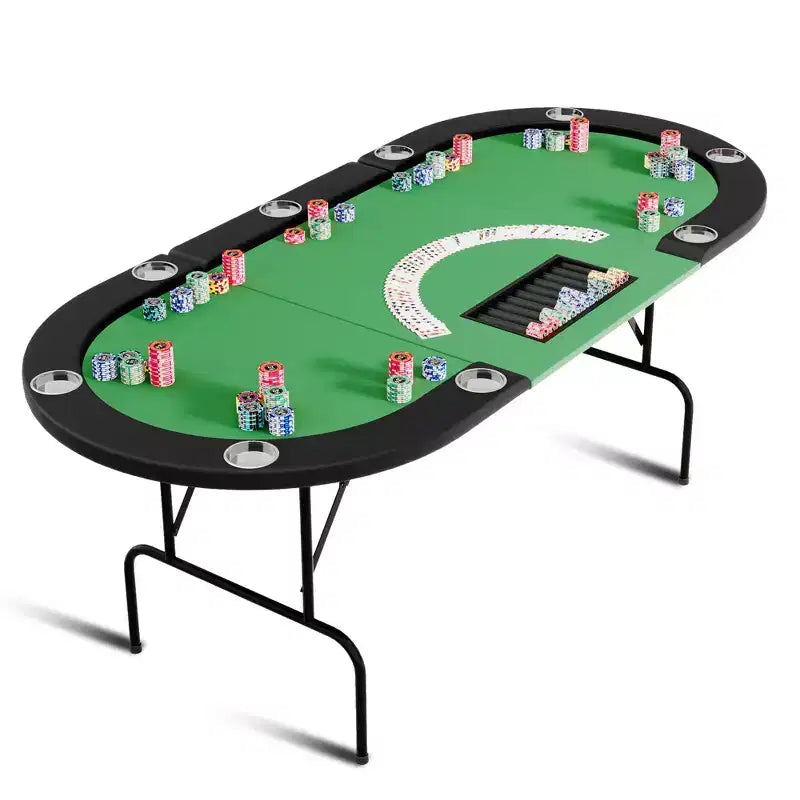 Table de poker ovale pour 10 personnes - Pieds métalliques pliables - 9 porte-gobelets en acier inoxydable - Bord rembourré imperméable