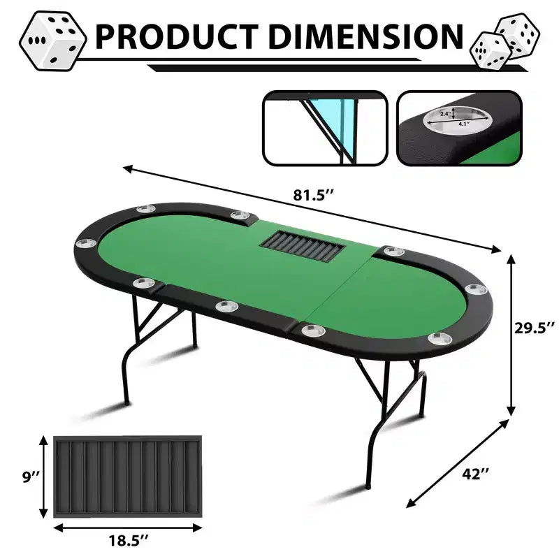Table de poker ovale pour 10 personnes - Pieds métalliques pliables - 9 porte-gobelets en acier inoxydable - Bord rembourré imperméable