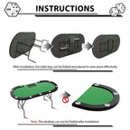 Table de poker ovale pour 10 personnes - Pieds métalliques pliables - 9 porte-gobelets en acier inoxydable - Bord rembourré imperméable