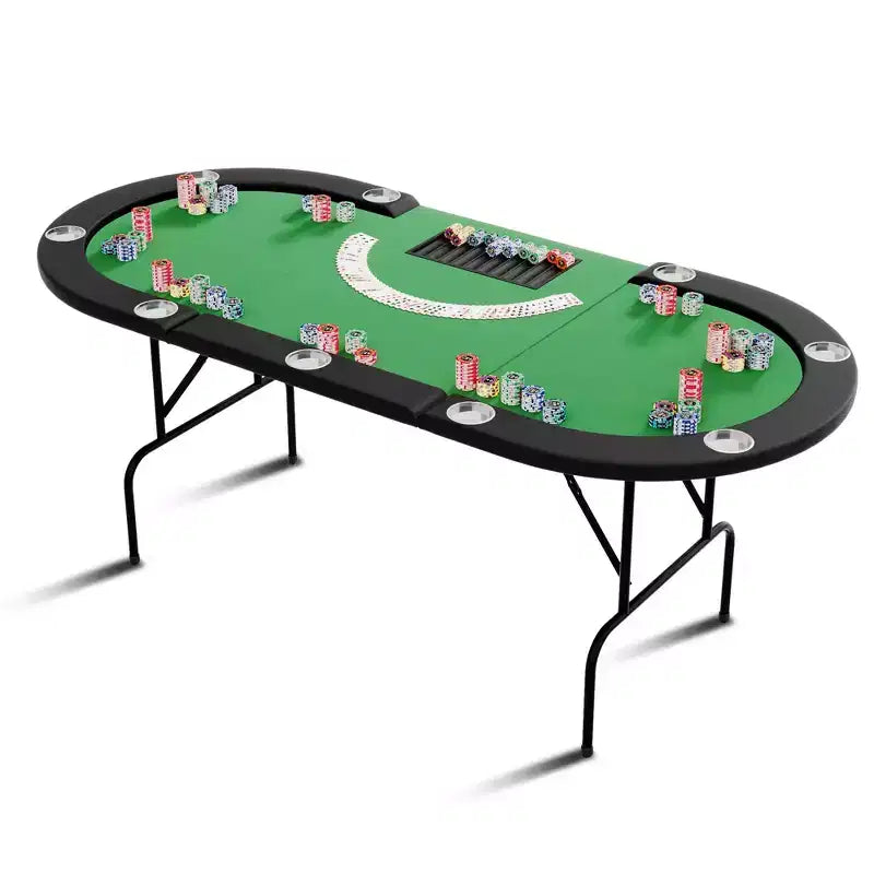 Table de poker ovale pour 10 personnes - Pieds métalliques pliables - 9 porte-gobelets en acier inoxydable - Bord rembourré imperméable