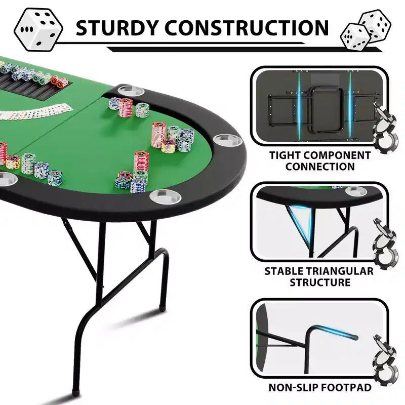 Table de poker ovale pour 10 personnes - Pieds métalliques pliables - 9 porte-gobelets en acier inoxydable - Bord rembourré imperméable