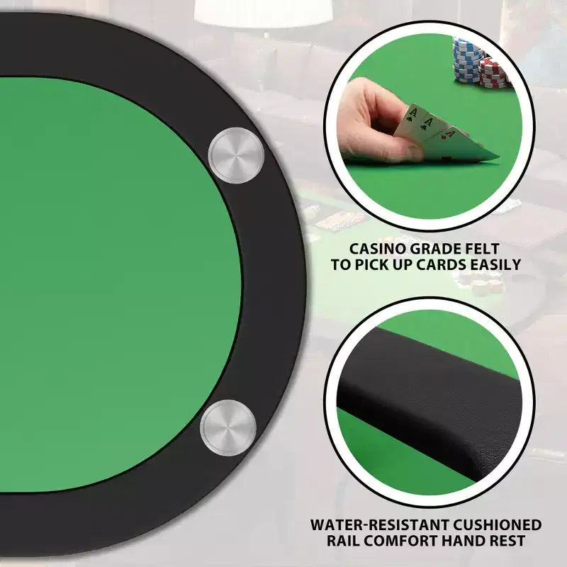 Table de poker ovale pour 10 personnes - Pieds métalliques pliables - 9 porte-gobelets en acier inoxydable - Bord rembourré imperméable