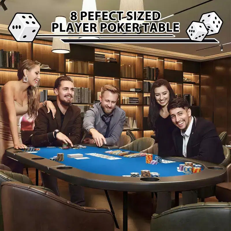 Table de poker ovale pour 10 personnes - Pieds métalliques pliables - 9 porte-gobelets en acier inoxydable - Bord rembourré imperméable