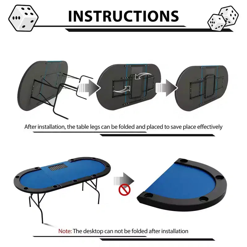 Table de poker ovale pour 10 personnes - Pieds métalliques pliables - 9 porte-gobelets en acier inoxydable - Bord rembourré imperméable