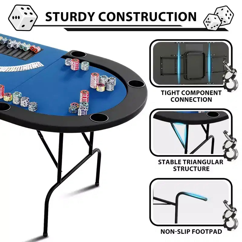 Table de poker ovale pour 10 personnes - Pieds métalliques pliables - 9 porte-gobelets en acier inoxydable - Bord rembourré imperméable