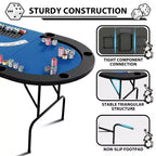 Table de poker ovale pour 10 personnes - Pieds métalliques pliables - 9 porte-gobelets en acier inoxydable - Bord rembourré imperméable
