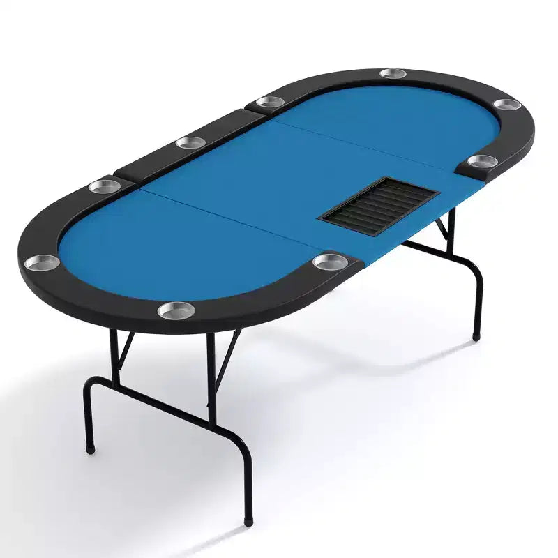 Table de poker ovale pour 10 personnes - Pieds métalliques pliables - 9 porte-gobelets en acier inoxydable - Bord rembourré imperméable