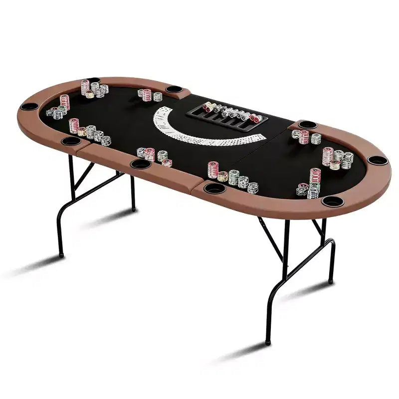 Table de poker ovale pour 10 personnes - Pieds métalliques pliables - 9 porte-gobelets en acier inoxydable - Bord rembourré imperméable