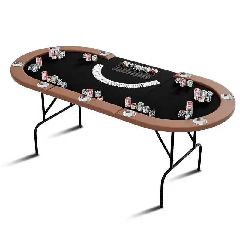 Table de poker ovale pour 10 personnes - Pieds métalliques pliables - 9 porte-gobelets en acier inoxydable - Bord rembourré imperméable