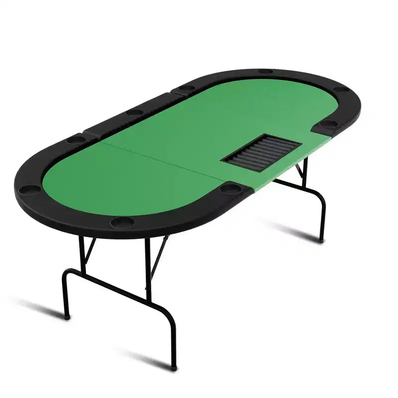 Table de poker ovale pour 10 personnes - Pieds métalliques pliables - 9 porte-gobelets en acier inoxydable - Bord rembourré imperméable