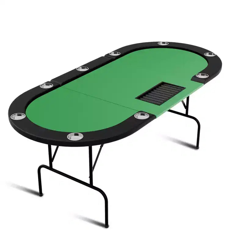 Table de poker ovale pour 10 personnes - Pieds métalliques pliables - 9 porte-gobelets en acier inoxydable - Bord rembourré imperméable