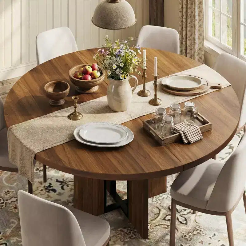 Table de salle à manger ronde extensible de 47 à 63 po pour 4 à 8 personnes, table de cuisine de style campagnard en bois avec pieds plus larges, support métallique, ovale, pour le dîner, la cuisine