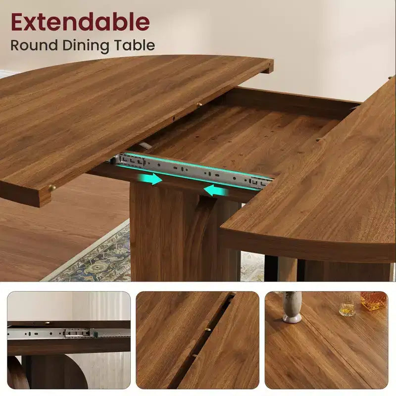Table de salle à manger ronde extensible de 47 à 63 po pour 4 à 8 personnes, table de cuisine de style campagnard en bois avec pieds plus larges, support métallique, ovale, pour le dîner, la cuisine