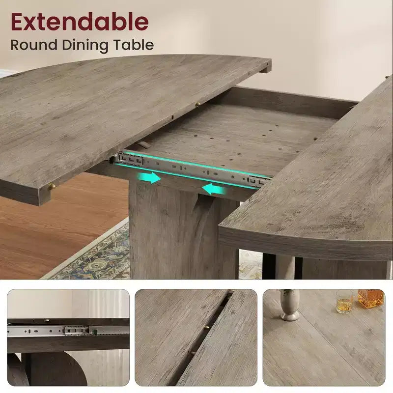 Table de salle à manger ronde extensible de 47 à 63 po pour 4 à 8 personnes, table de cuisine de style campagnard en bois avec pieds plus larges, support métallique, ovale, pour le dîner, la cuisine