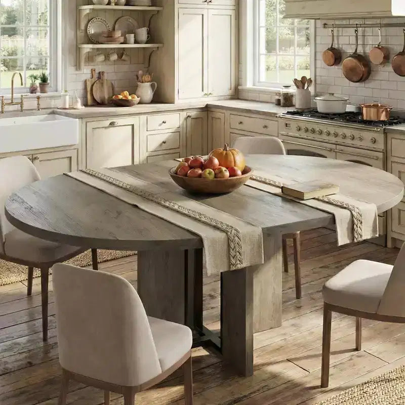 Table de salle à manger ronde extensible de 47 à 63 po pour 4 à 8 personnes, table de cuisine de style campagnard en bois avec pieds plus larges, support métallique, ovale, pour le dîner, la cuisine