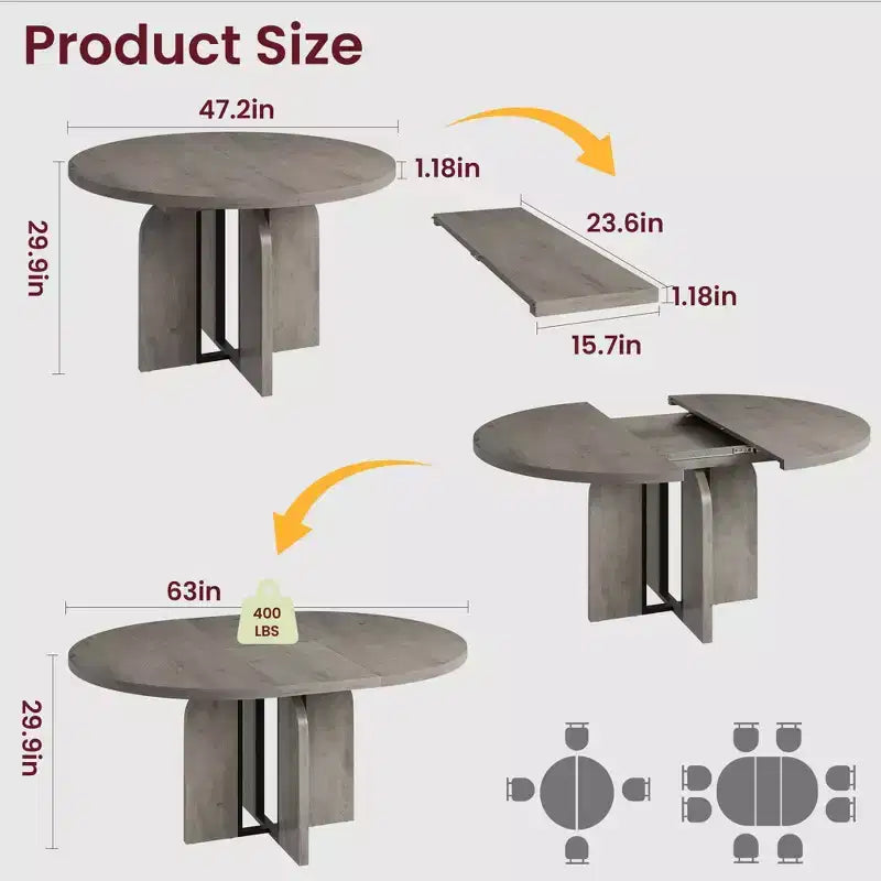 Table de salle à manger ronde extensible de 47 à 63 po pour 4 à 8 personnes, table de cuisine de style campagnard en bois avec pieds plus larges, support métallique, ovale, pour le dîner, la cuisine