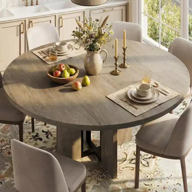 Table de salle à manger ronde extensible de 47 à 63 po pour 4 à 8 personnes, table de cuisine de style campagnard en bois avec pieds plus larges, support métallique, ovale, pour le dîner, la cuisine