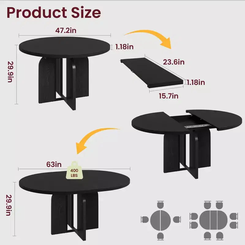 Table de salle à manger ronde extensible de 47 à 63 po pour 4 à 8 personnes, table de cuisine de style campagnard en bois avec pieds plus larges, support métallique, ovale, pour le dîner, la cuisine