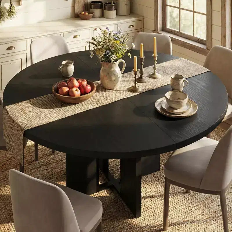 Table de salle à manger ronde extensible de 47 à 63 po pour 4 à 8 personnes, table de cuisine de style campagnard en bois avec pieds plus larges, support métallique, ovale, pour le dîner, la cuisine