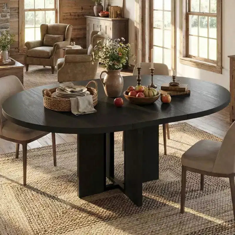 Table de salle à manger ronde extensible de 47 à 63 po pour 4 à 8 personnes, table de cuisine de style campagnard en bois avec pieds plus larges, support métallique, ovale, pour le dîner, la cuisine