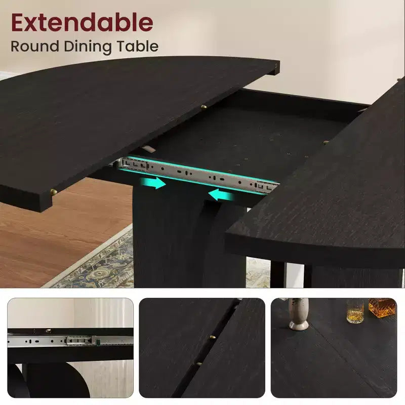 Table de salle à manger ronde extensible de 47 à 63 po pour 4 à 8 personnes, table de cuisine de style campagnard en bois avec pieds plus larges, support métallique, ovale, pour le dîner, la cuisine