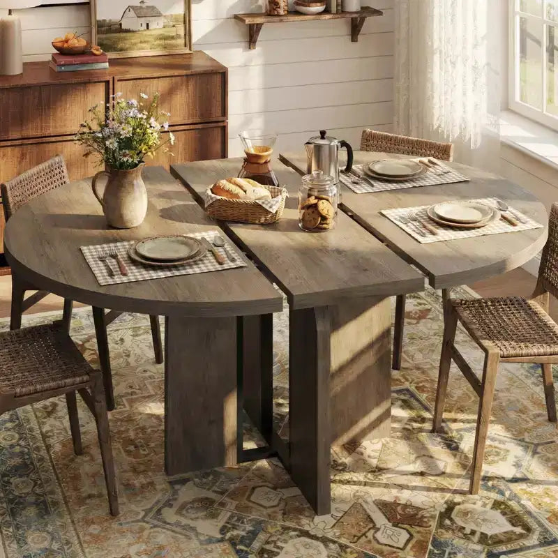 Table de salle à manger ronde extensible de 47 à 63 po pour 4 à 8 personnes, table de cuisine de style campagnard en bois avec pieds plus larges, support métallique, ovale, pour le dîner, la cuisine